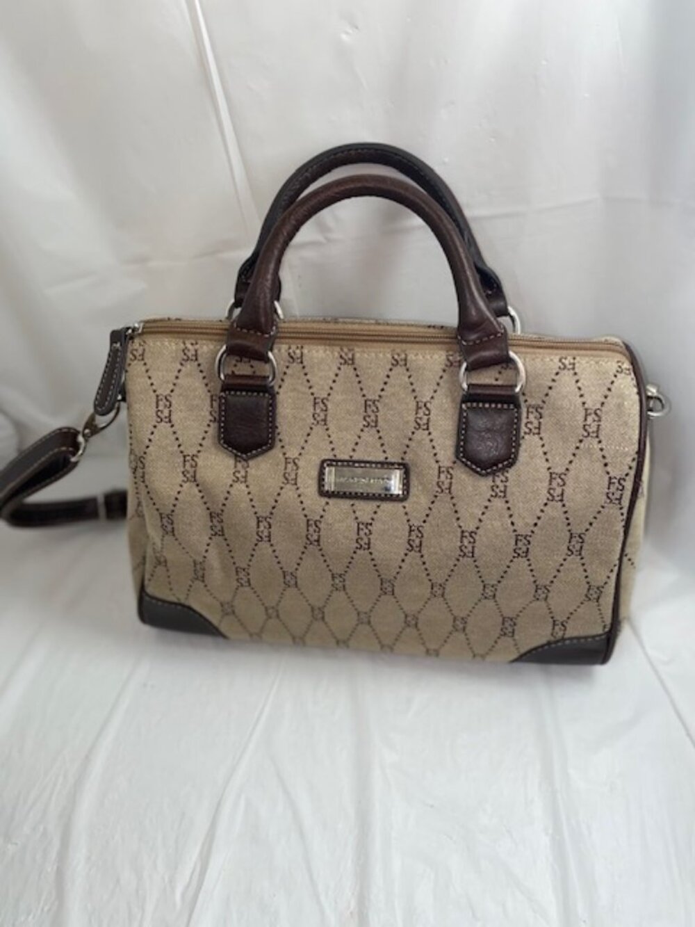 Franco Sarto Monogram Canvas Satchel Handbag Tan & Brown